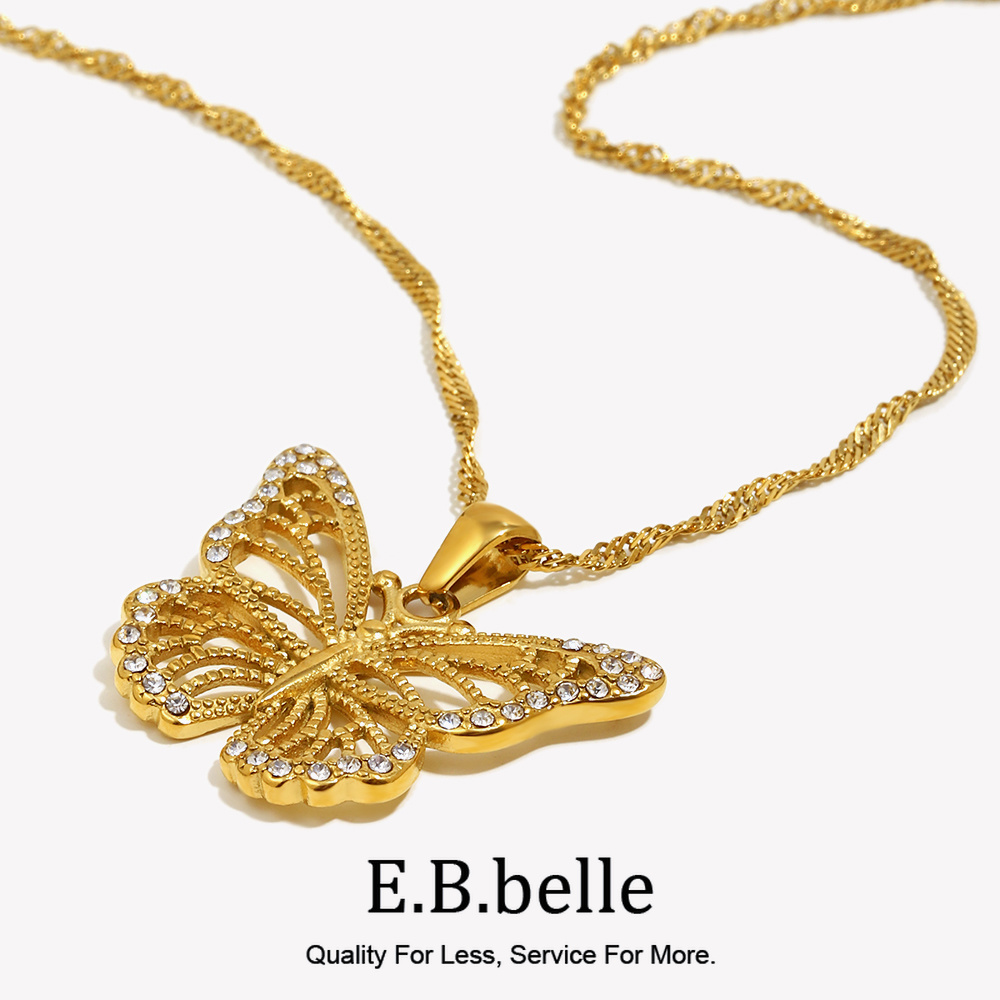 Butterfly Clasp Deployant - E.b. ベルステンレススチールバタフライペンダントネックレス,18k金メッキ,3aジルコニアストーン,高級クリスタルジュエリー