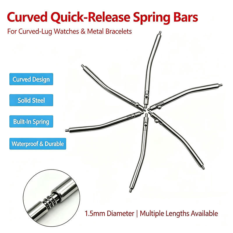 Curved Spring Bar - 直径1.5mmの湾曲型クイックリリース式スプリングバー。ステンレス製。16mm、18mm、20mm、22mm、24mm、26mmの時計バンドやブレスレットのリンクピンに適合。