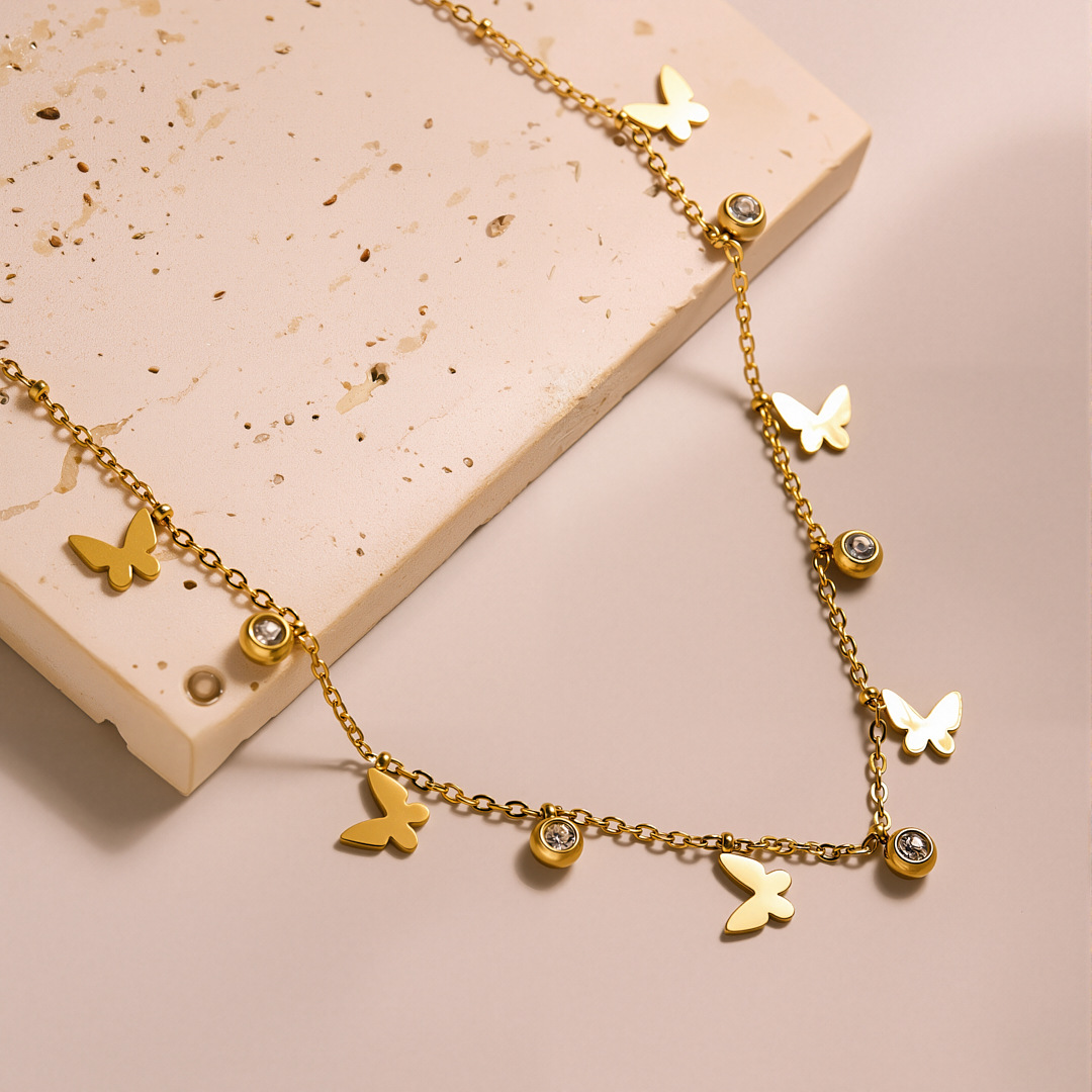 CZバタフライタッセルネックレス ステンレススチール ジルコ - Butterfly Clasp Deployant のレビューと価格